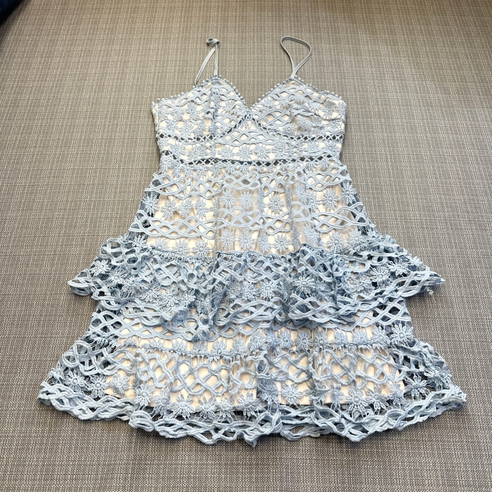 Fairycore Babydool Blue Crochet Lace Dress size Medium Tiered Feminine Romantic